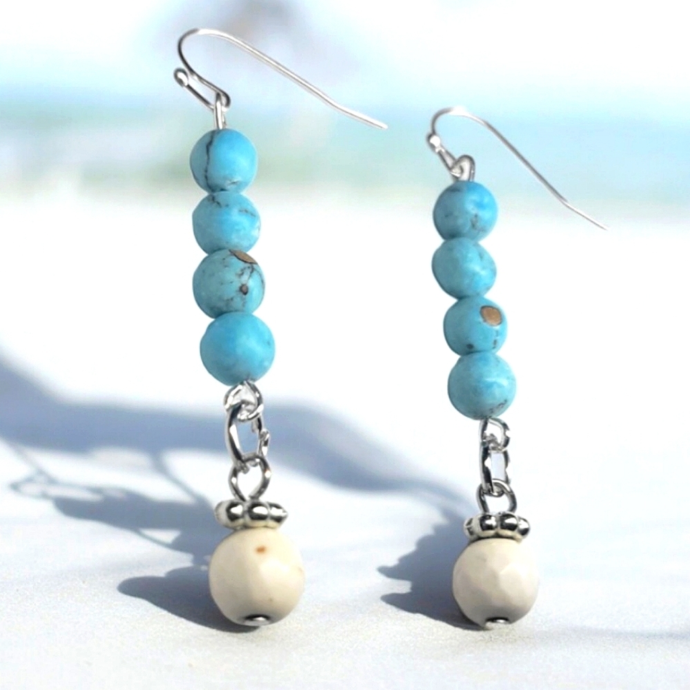 Stacked Turquoise with dangle Milk Bead Earrings